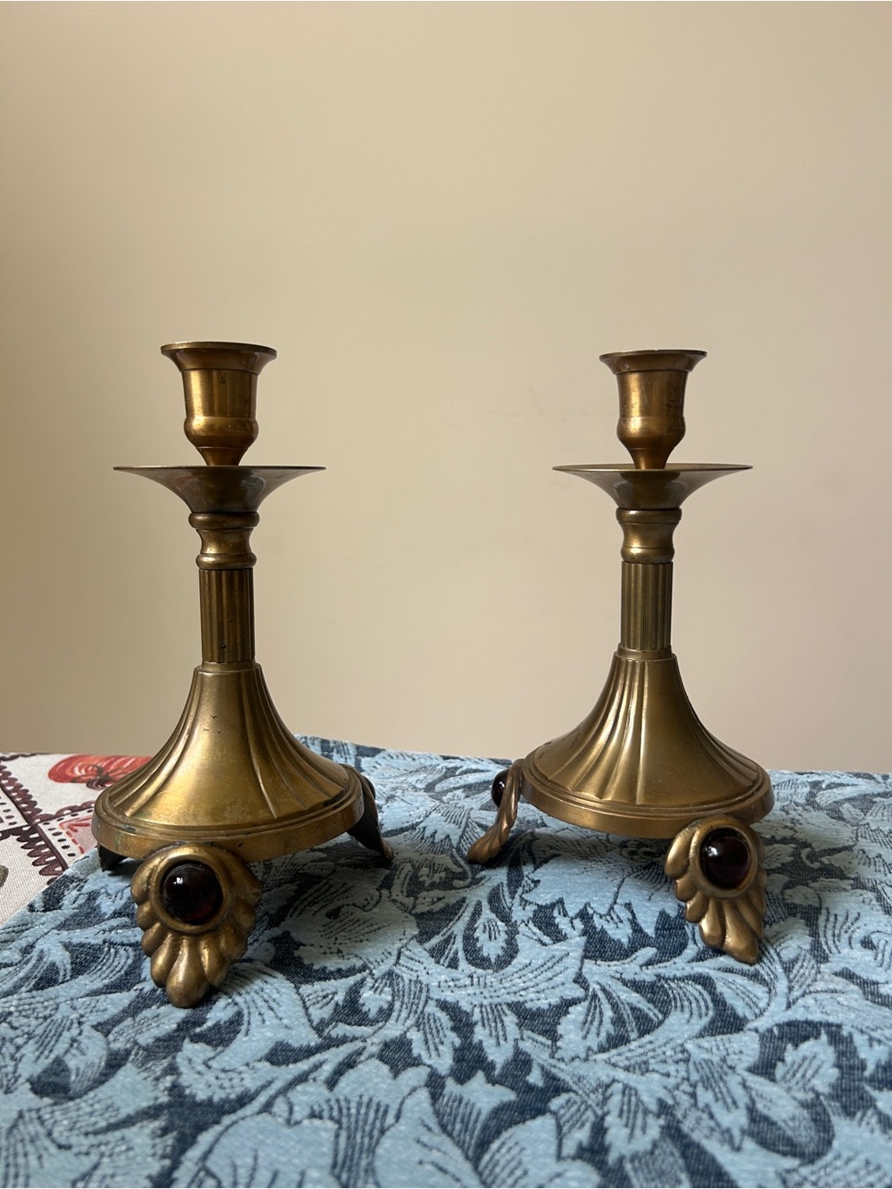 Vintage Ornate Brass Candle Holder Pair Amber Colored Cabochon Footed Stand